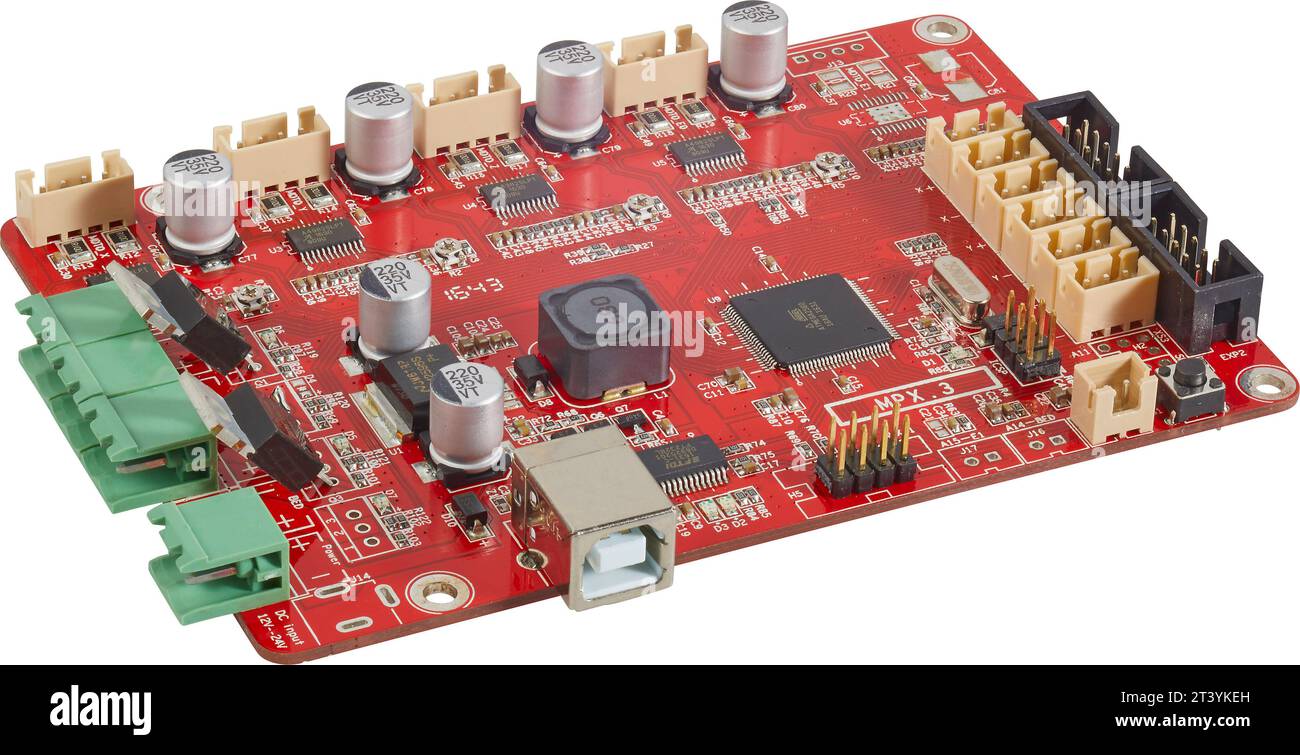 Leiterplatte mit elektronischen Komponenten auf weißem Hintergrund Stockfoto