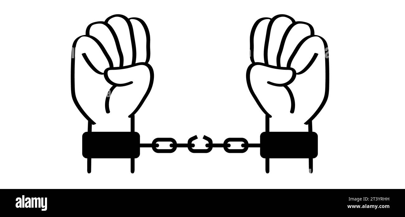 Verhaftung. Kette der Sklaverei, Hand in Handschellen. Gebrochene, gekettete, Handschellen gefesselte Hände. Sklaveneisen, Gefangener, Probleme, Sträfling, Freiheit, Schulden, sucht libe Stockfoto