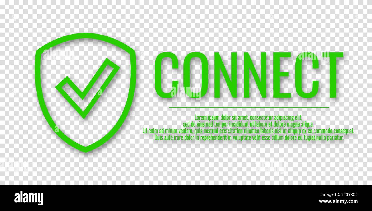 Vektorillustration des Banners mit dem Konzept der sicheren Verbindung. Wort CONNECT with SHIELD and Check Mark Icon. Sicherheitskonzept. Informationen zu Protec Stock Vektor