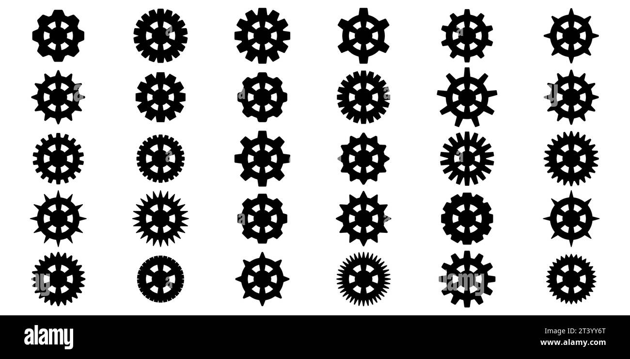Symbolsatz Gänge. Symbol für Gangeinstellung. Sammlung mechanischer Zahnräder. Einfache Zahnradsammlung. Zahnradsymbole. Vektordarstellung mit Zahnrädern Stock Vektor