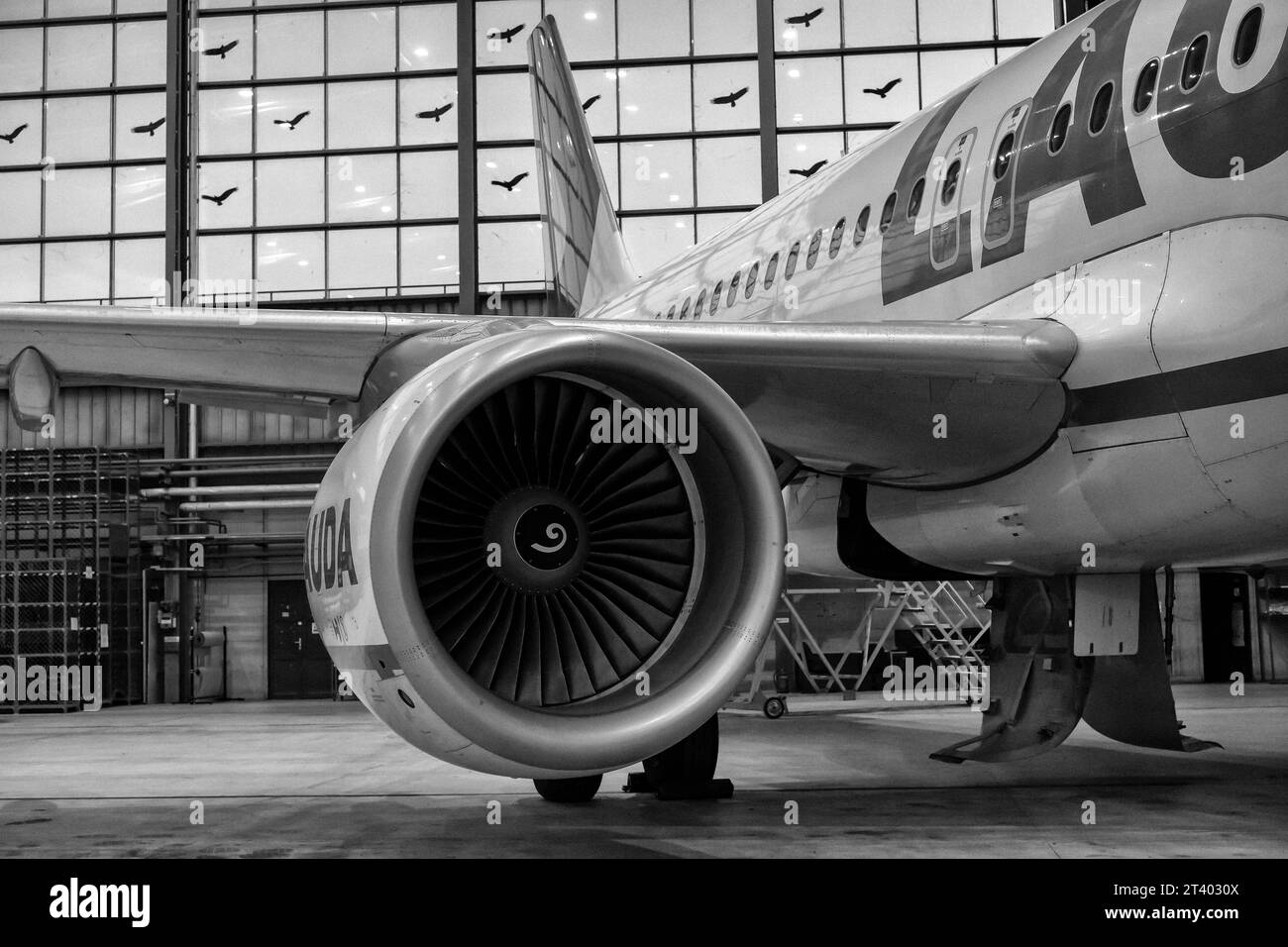 Flugzeugwartung im Hangar. Flugzeugmotor. Schwarzweißfoto. Stockfoto