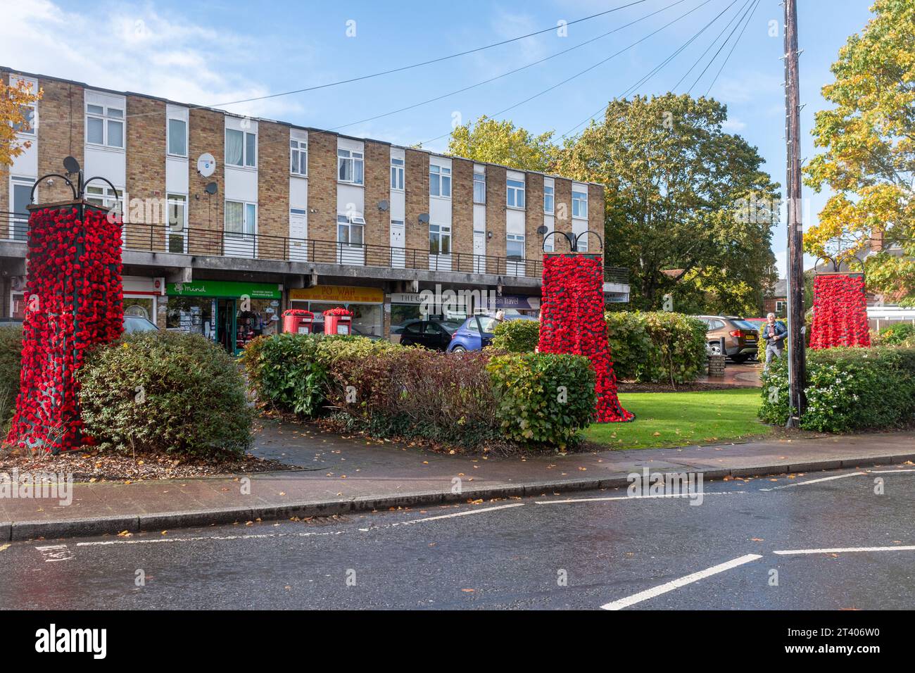 Dekorationen zum Gedenktag, für Mohntag, Herbst 2023, Mohnkaskade im Dorf Hook in Hampshire, England, Großbritannien Stockfoto