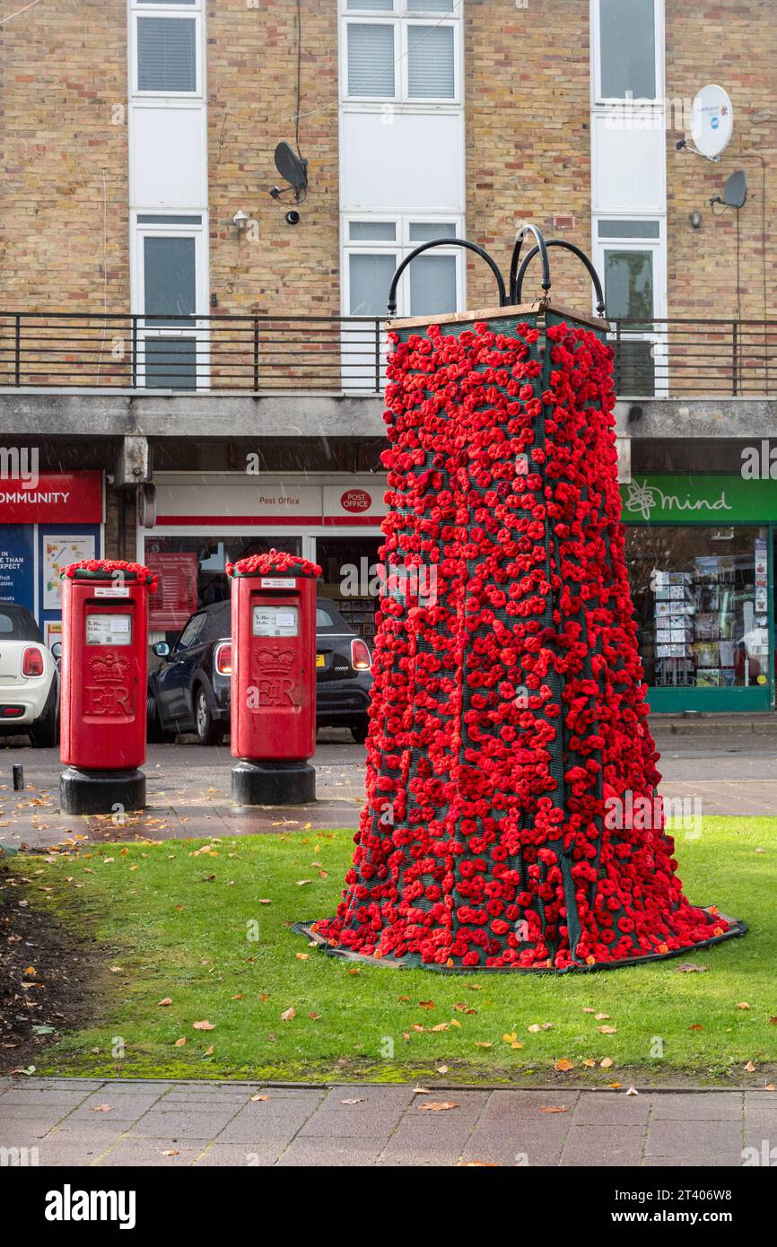 Dekorationen zum Gedenktag, für Mohntag, Herbst 2023, Mohnkaskade im Dorf Hook in Hampshire, England, Großbritannien Stockfoto