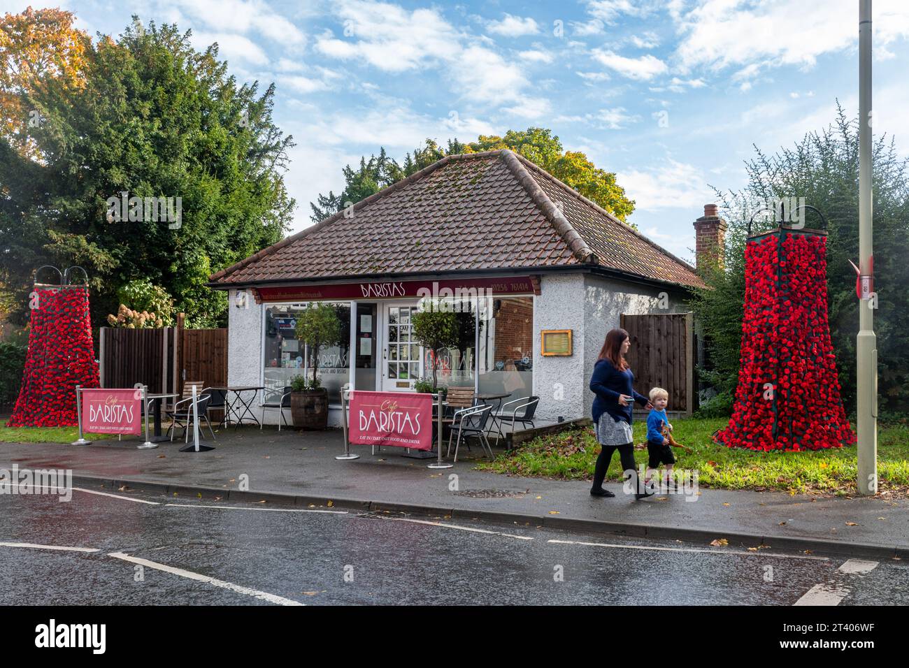 Dekorationen zum Gedenktag, für Mohntag, Herbst 2023, Mohnkaskade im Dorf Hook in Hampshire, England, Großbritannien Stockfoto