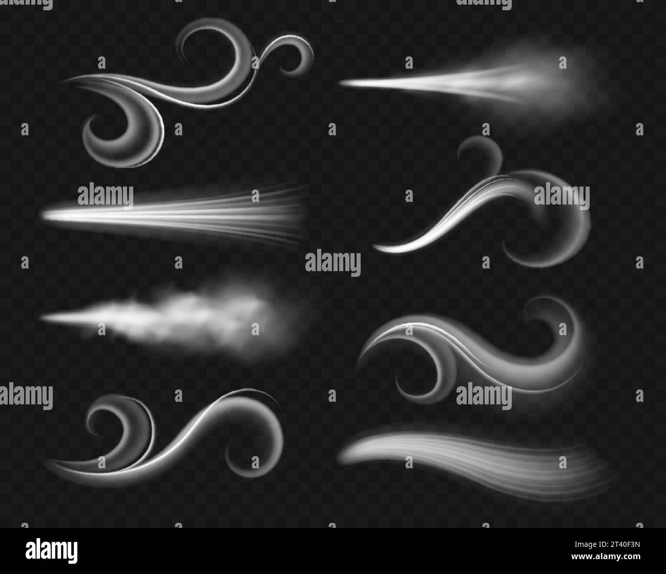 Windluftströme. Realistische Sturmwellen, abstrakte trockene Rauchströmung, sichtbare Locken und Büschel, sich ausbreitender bewölkter Atem, dynamische Formen, physisches Wetter Stock Vektor