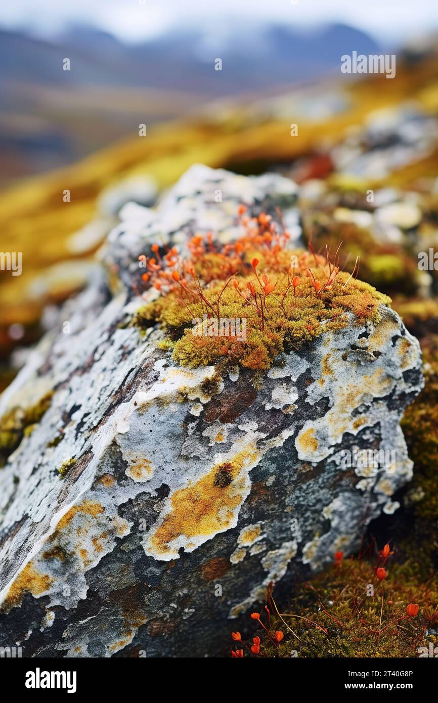 Nahaufnahme von bunten Flechten, die auf einem Felsen in der Tundra wachsen. Verschiedene Grün-, Gelb-, Orange- und Rottöne, die einen schönen Kontrast zum darstellen Stockfoto