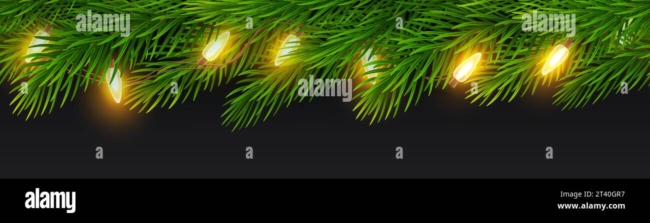 Weihnachtswiederholungsgrenze realistischer Tannenzweige mit elektrischer Girlande auf schwarzem Hintergrund. Nahtloses Muster von Fichtenzweigen mit Girlande Stock Vektor