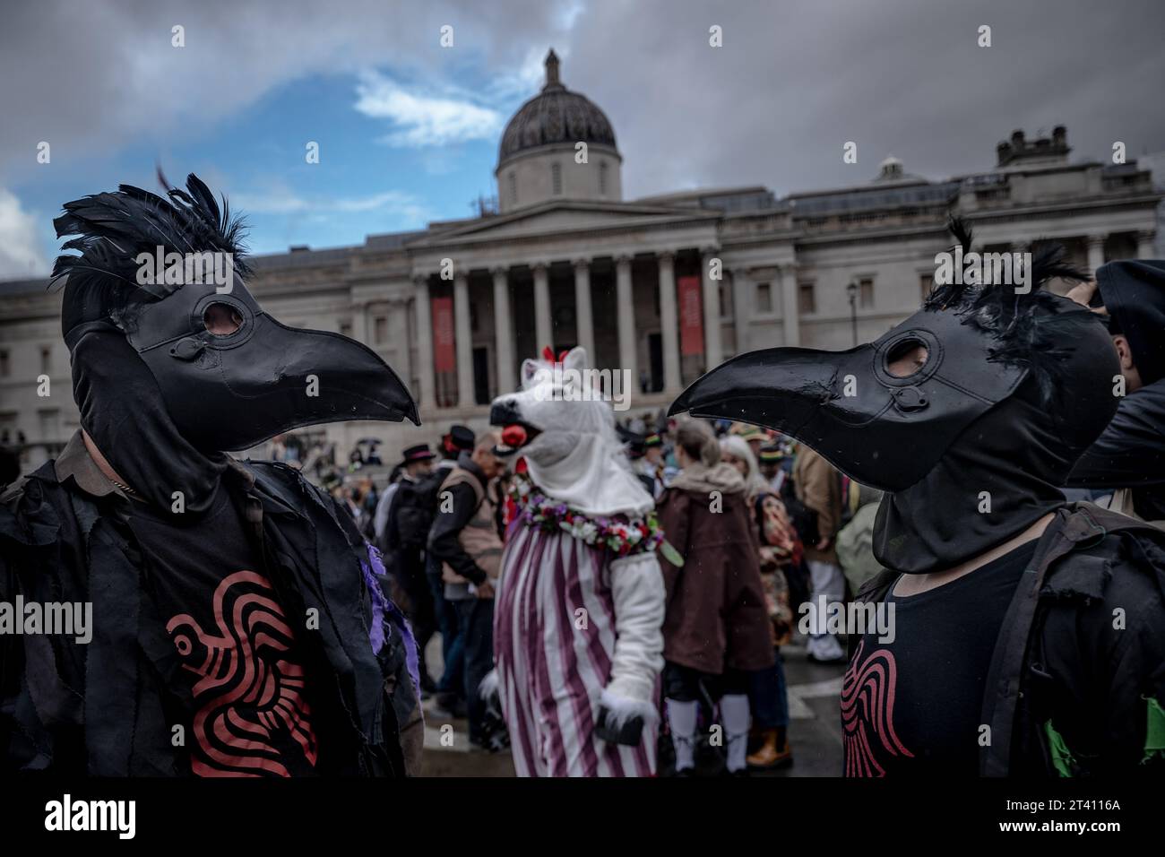JMO Day of Dance am Trafalgar Square mit Raben maskierten morris Tänzern aus Huginn und Muninn Gruppe. London, Großbritannien. Stockfoto
