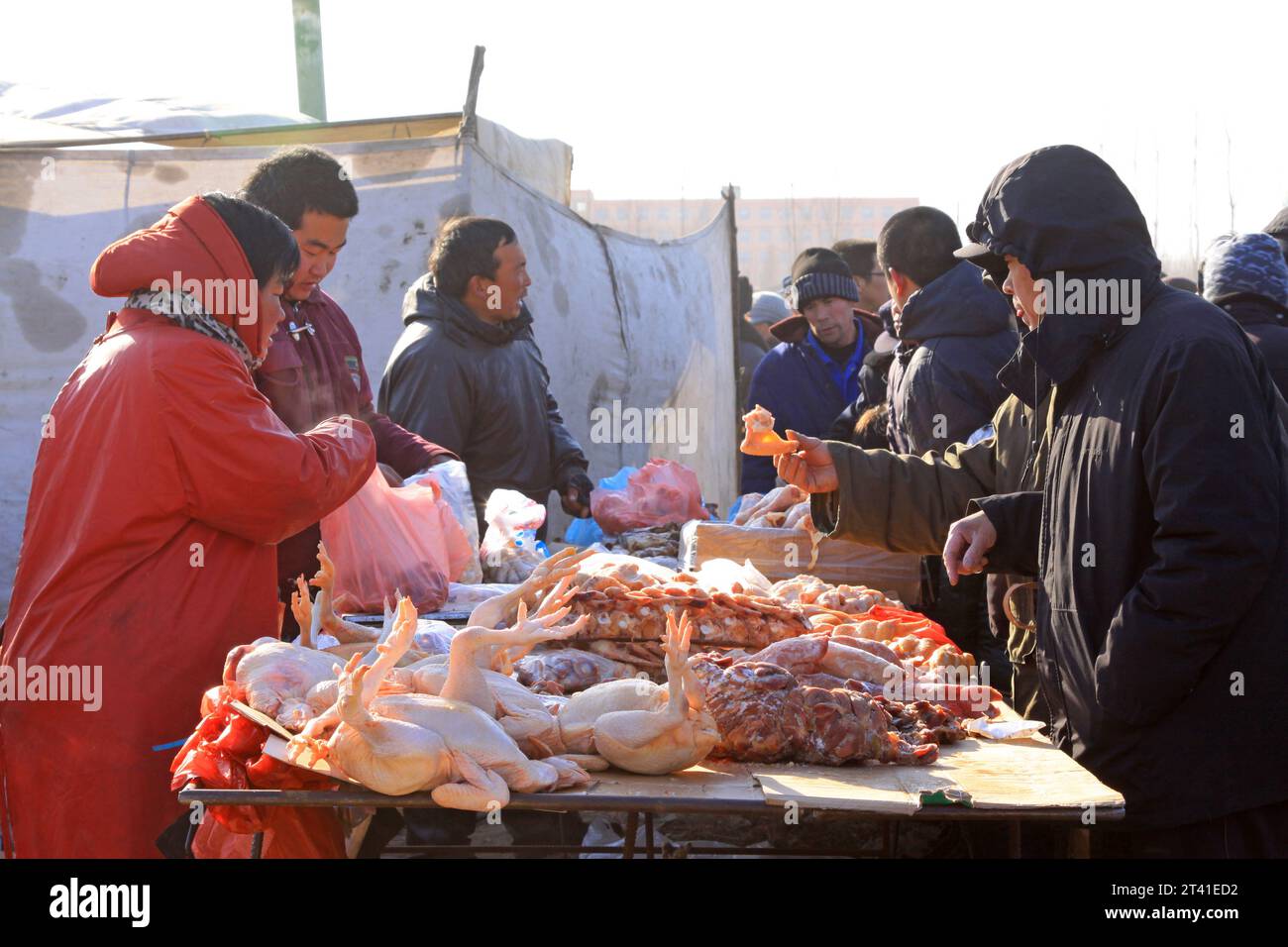 LUANNAN COUNTY - 28. JANUAR: Der Kunde und Verkäufer, der am 28. januar 2014 vor einem Fleischstand verhandelt wurde, Luannan County, Provinz Hebei, China. Stockfoto