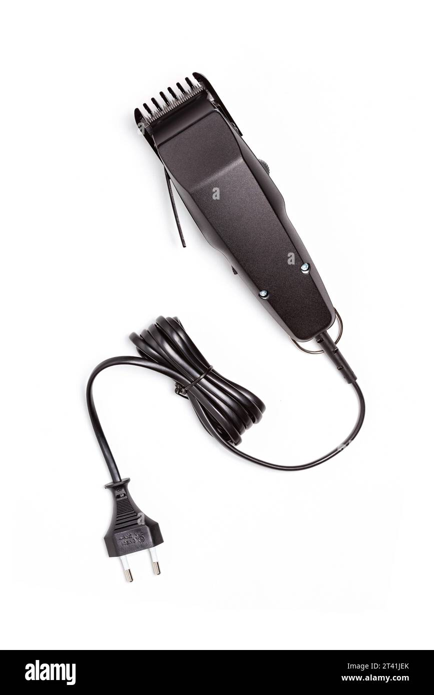 Professioneller Haarschneider isoliert auf weißem Hintergrund. Draufsicht auf den elektrischen schwarzen Haarschneider, Nahaufnahme Stockfoto