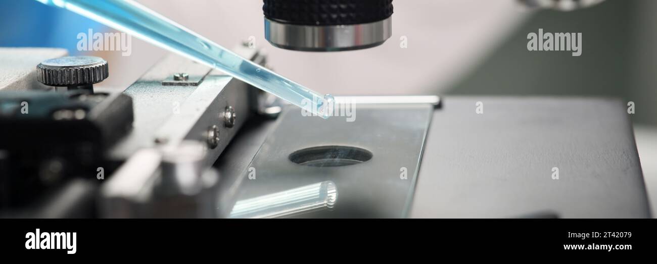 Wissenschaftler untersuchen blaues Reagenz unter elektronischem Mikroskop Stockfoto