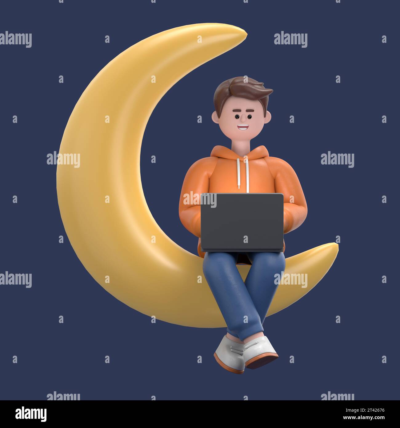 3D-Illustration des männlichen Guy Qadir arbeitet auf einem Laptop und sitzt spät in der Nacht auf dem goldenen Halbmond im Weltraum. 3D-Rendering auf blauem Hintergrund. Stockfoto