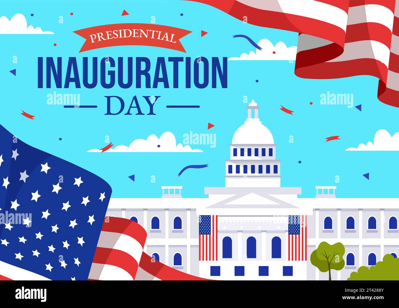 USA Präsidenteneinweihung Tag Vektor Illustration 20 Januar mit Kapitol Gebäude Washington D.C. und amerikanische Flagge im Hintergrund Design Stock Vektor