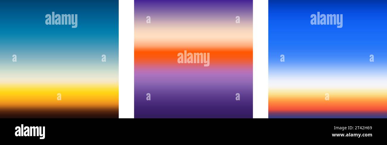 Früher Sonnenaufgang oder späten Sonnenuntergang farbenfrohe Verläufe Hintergrund untergegangen. Glatte, verschwommene Tapete in den Farben Gelb, Blau, Orange und Lila. Abstrakte Nacht- oder Abendhimmel-Kulisse. Vektorabbildung Stock Vektor