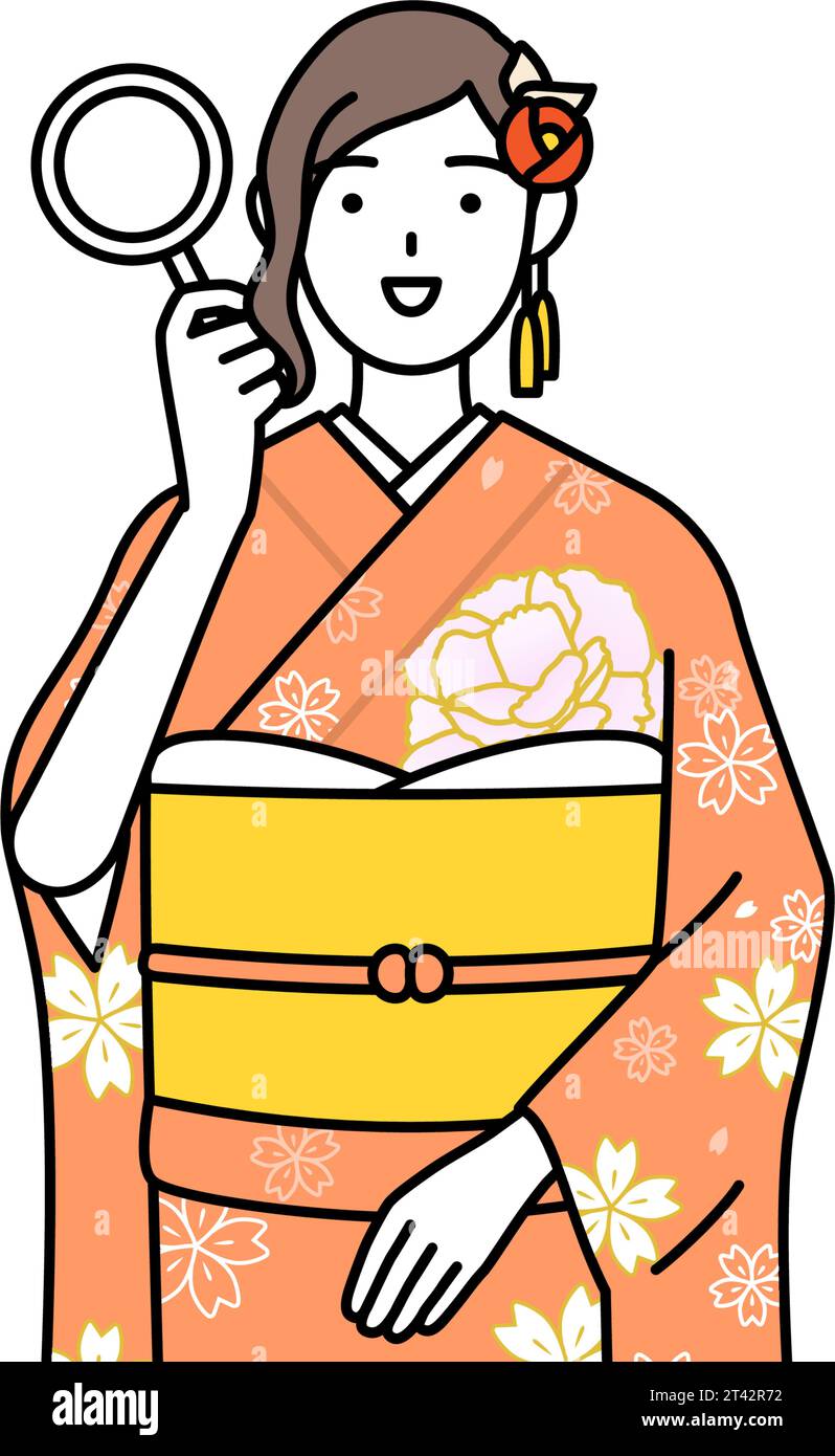 Hatsumode bei Neujahrs- und Coming-of-Age-Zeremonien, Abschlusszeremonien, Hochzeiten usw., Frau in Furisode, die durch eine Lupe schaut, Vect Stock Vektor