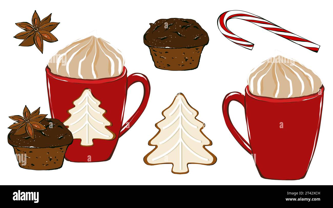 Set aus heißem Weihnachtsgetränk, Kakao mit Sahne, Lebkuchenkeksen, Cupcake und Gewürzen. Festliches Getränk, handgezeichnete Illustration isoliert auf weißem Hintergrund Stockfoto