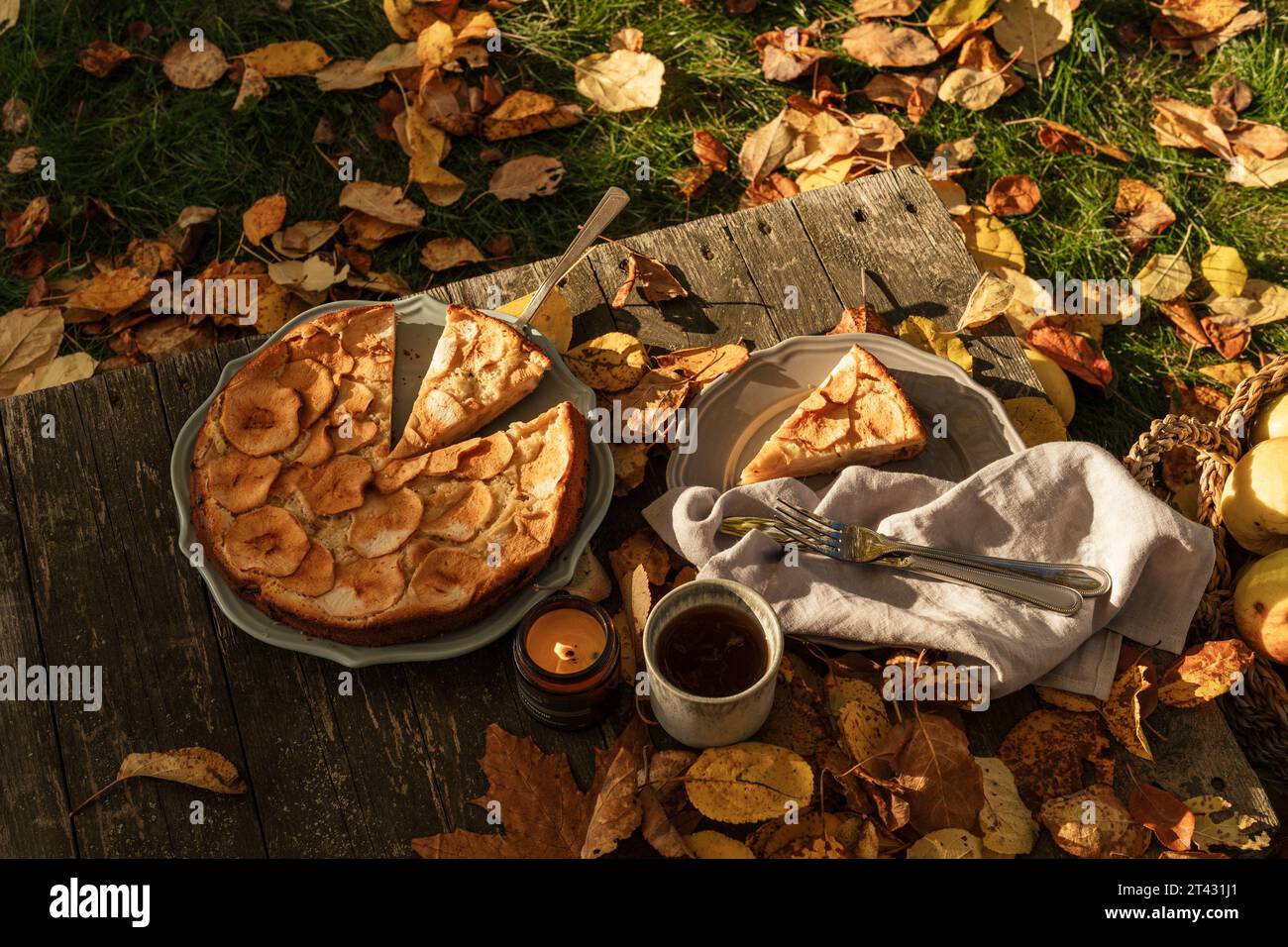 Blick von oben auf eine Tasse Tee und einen Apfelkuchen auf einem Gartentisch, bedeckt mit Herbstlaub, Weißrussland Stockfoto