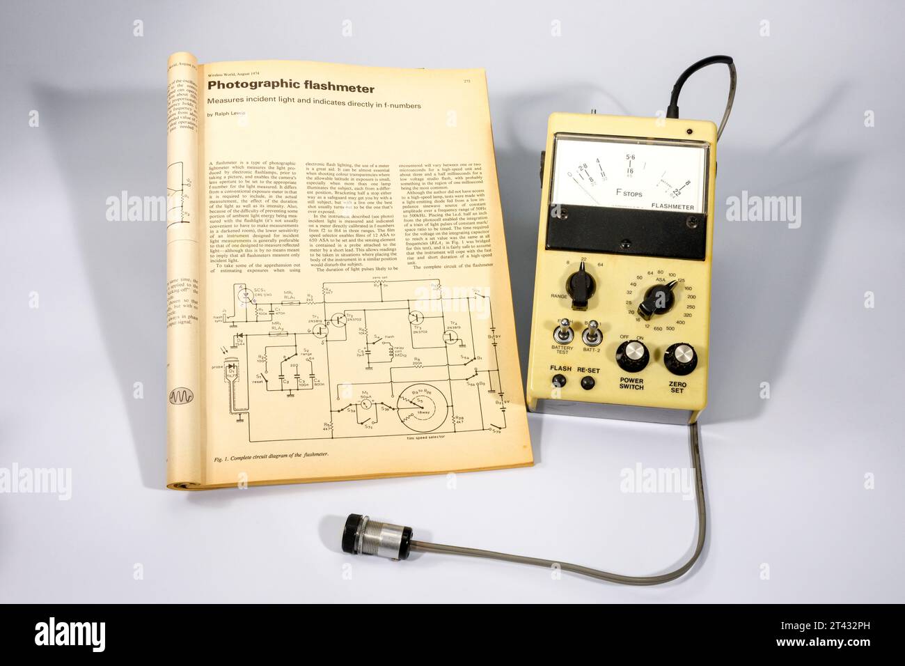 Ein hausgemachter fotografischer Blitzmesser, der 1974 gebaut wurde, wie in einem artikel beschrieben, der im August desselben Jahres in der britischen Zeitschrift Wireless World veröffentlicht wurde. Stockfoto