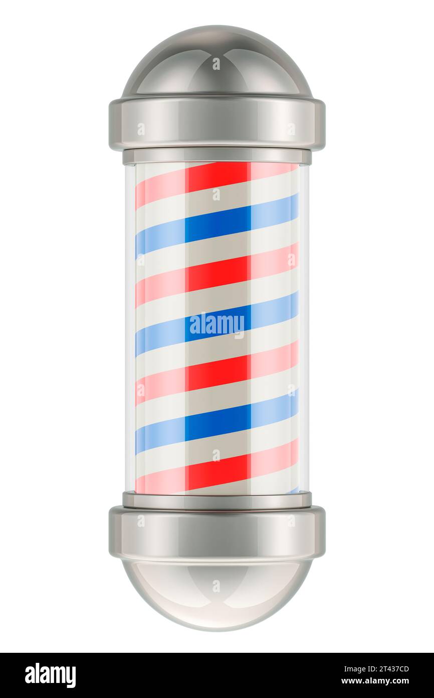 Friseurstange, rot transparentes blaues rotierendes Lichtstreifenzeichen für Friseursalon, 3D-Rendering isoliert auf weißem Hintergrund Stockfoto