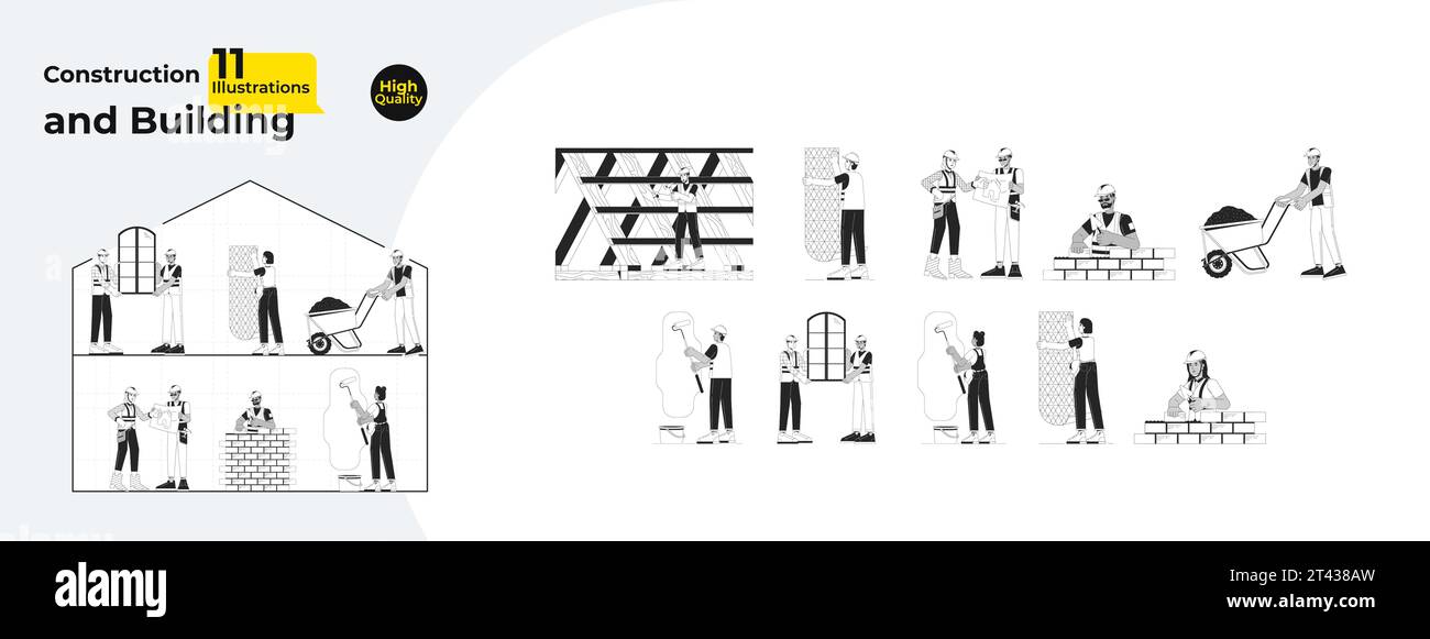 Startseite Baustelle schwarz-weiß Zeichentrick flache Illustration Bündel Stock Vektor