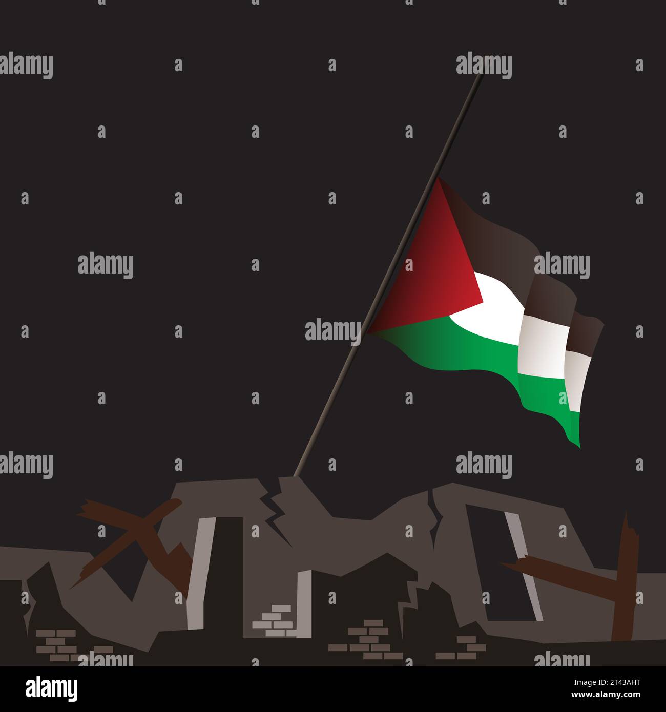 Illustration katastrophaler verheerender Krieg in Palästina. Katastrophe im Gazastreifen 2023 Israel-Krieg. Die palästinensische Flagge wurde auf die Hälfte gesenkt. Ruinierte Stadt Stockfoto