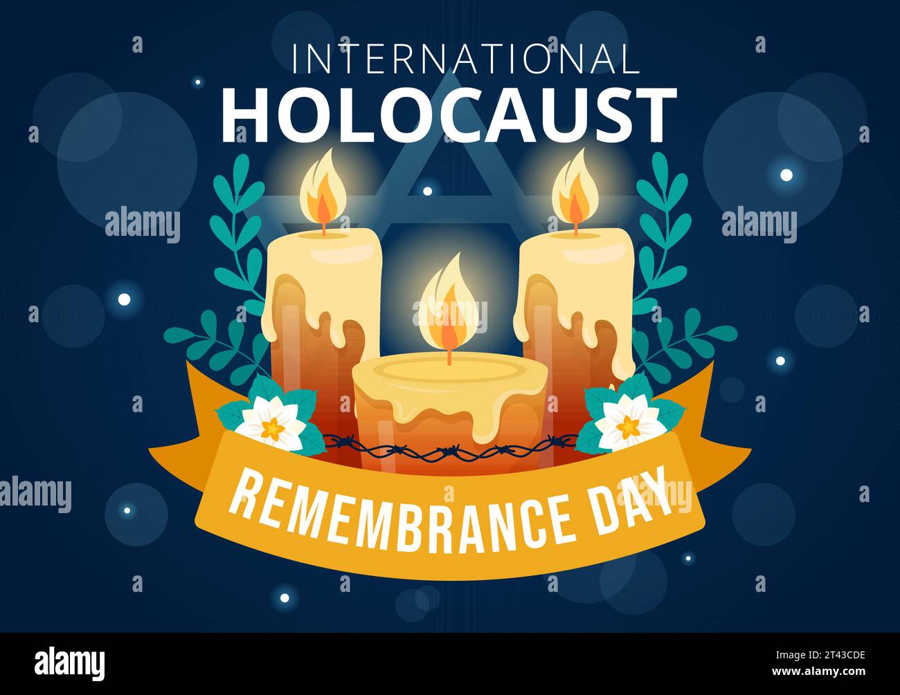 Internationaler Holocaust-Gedenktag Vektor-Illustration am 27. Januar mit gelbem Stern und Kerze zum Gedenken an die Opfer in flachem Hintergrund Stock Vektor