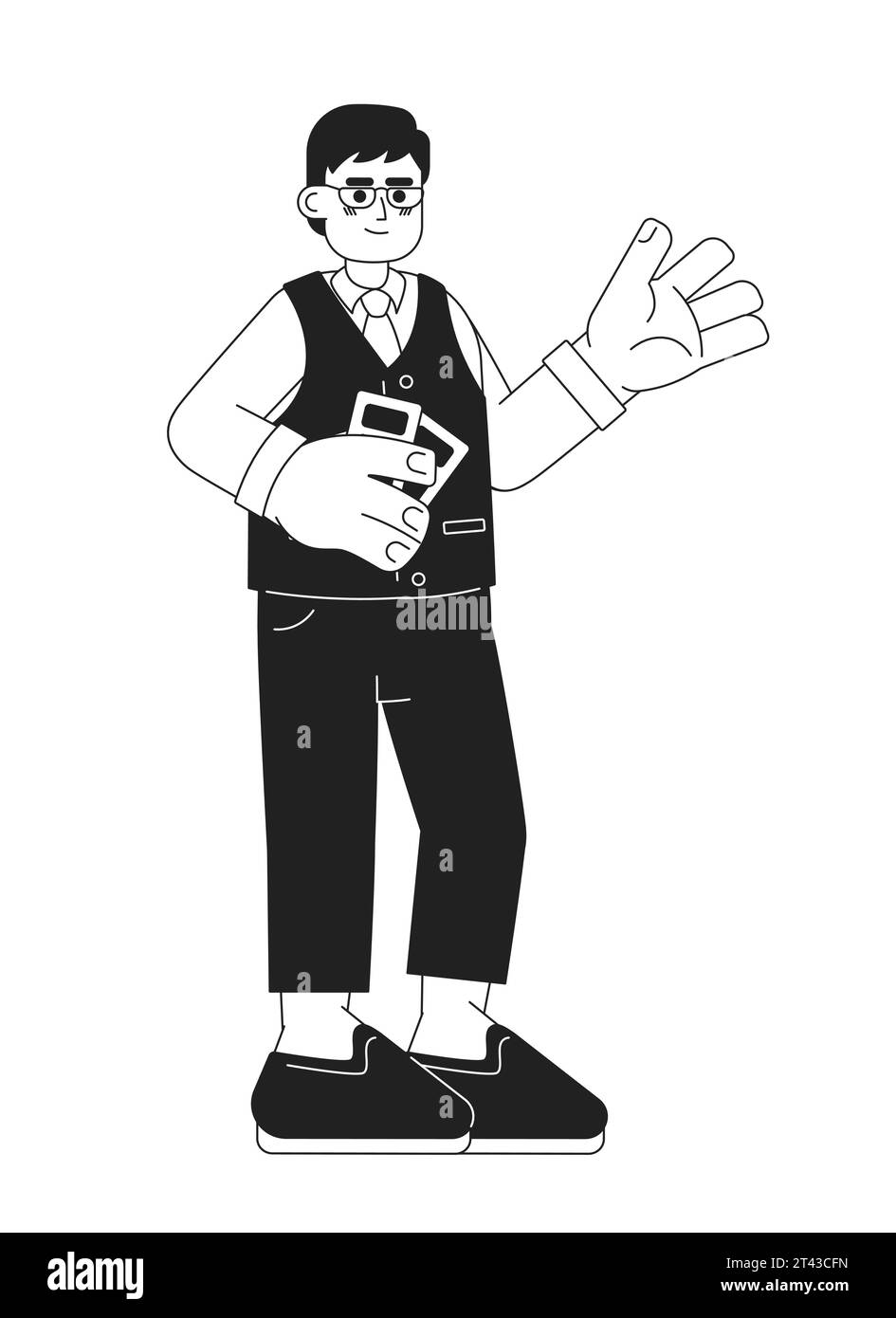 Flugbegleiter männlich schwarz-weiß Zeichentrickfilm flache Illustration Stock Vektor