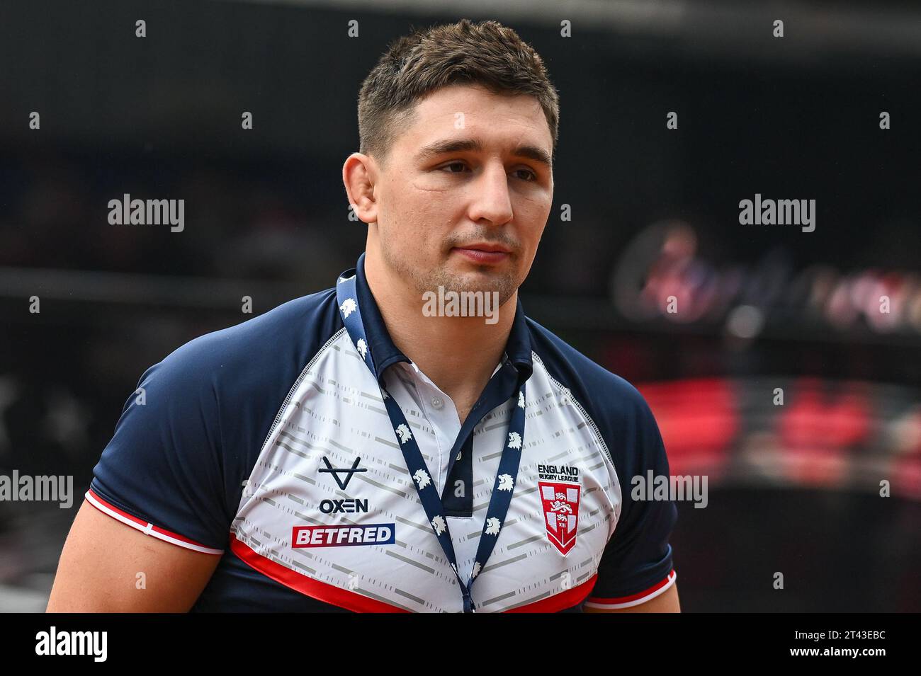 Victor Radley aus England kommt am 28. Oktober 2023 im John Smith's Stadium, Huddersfield, Vereinigtes Königreich, vor dem Rugby League-Spiel England gegen Tonga in, am 28. Oktober 2023. (Foto: Craig Thomas/News Images/SIPA USA) Credit: SIPA USA/Alamy Live News Stockfoto