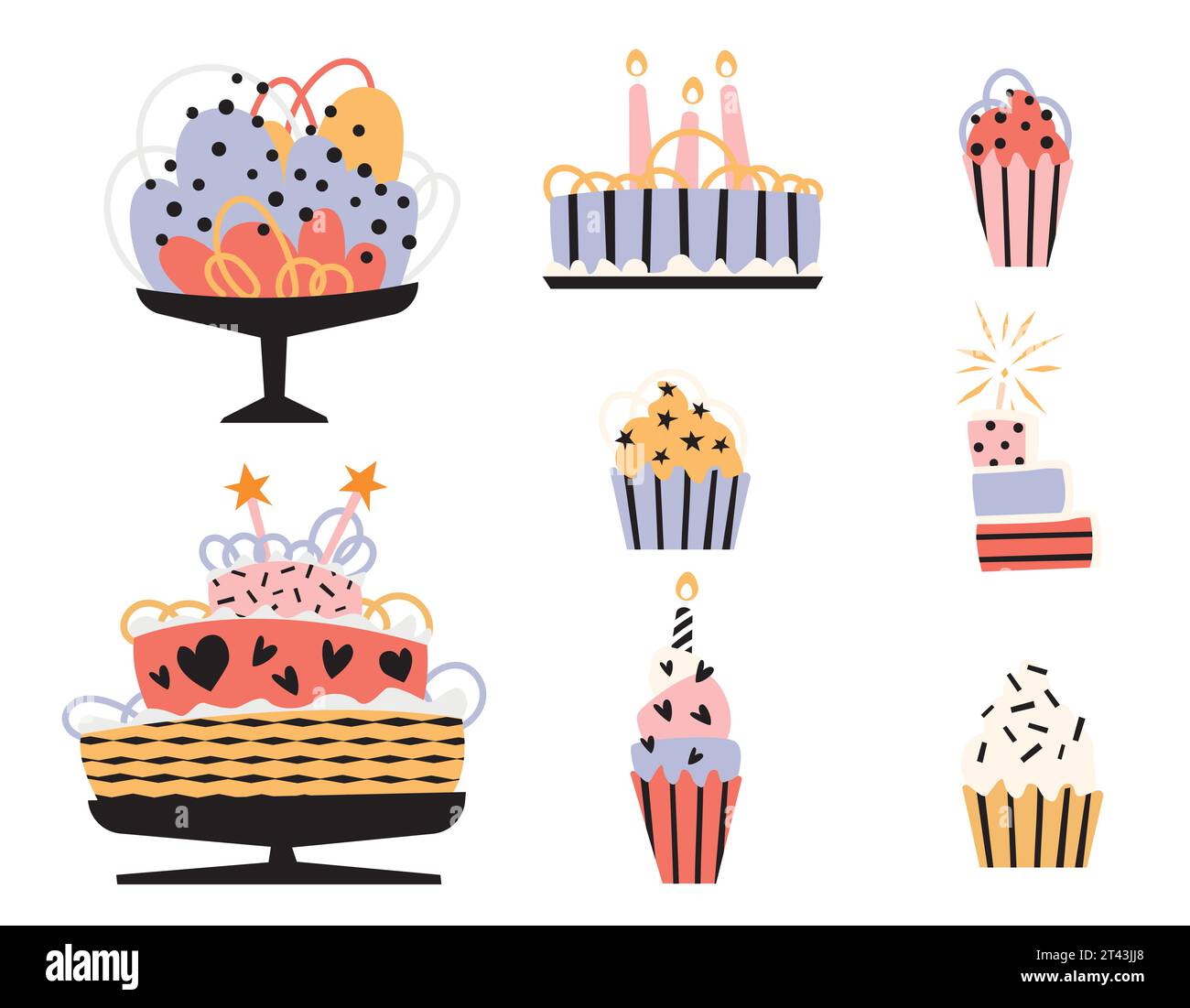 Vektorsammlung von Happy Birthday Cakes und Cupcakes. Weihnachtsdesserts im flachen Cartoon-Stil. Creme Kuchen mit Accessoires für den Urlaub Stock Vektor