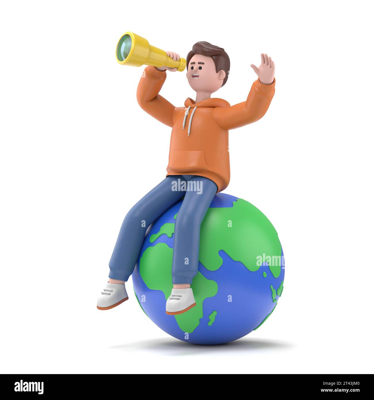 3D-Illustration des männlichen Guy Qadir blickt durch das Teleskop zum Universum auf der Erde.3D-Rendering auf weißem Hintergrund. Stockfoto