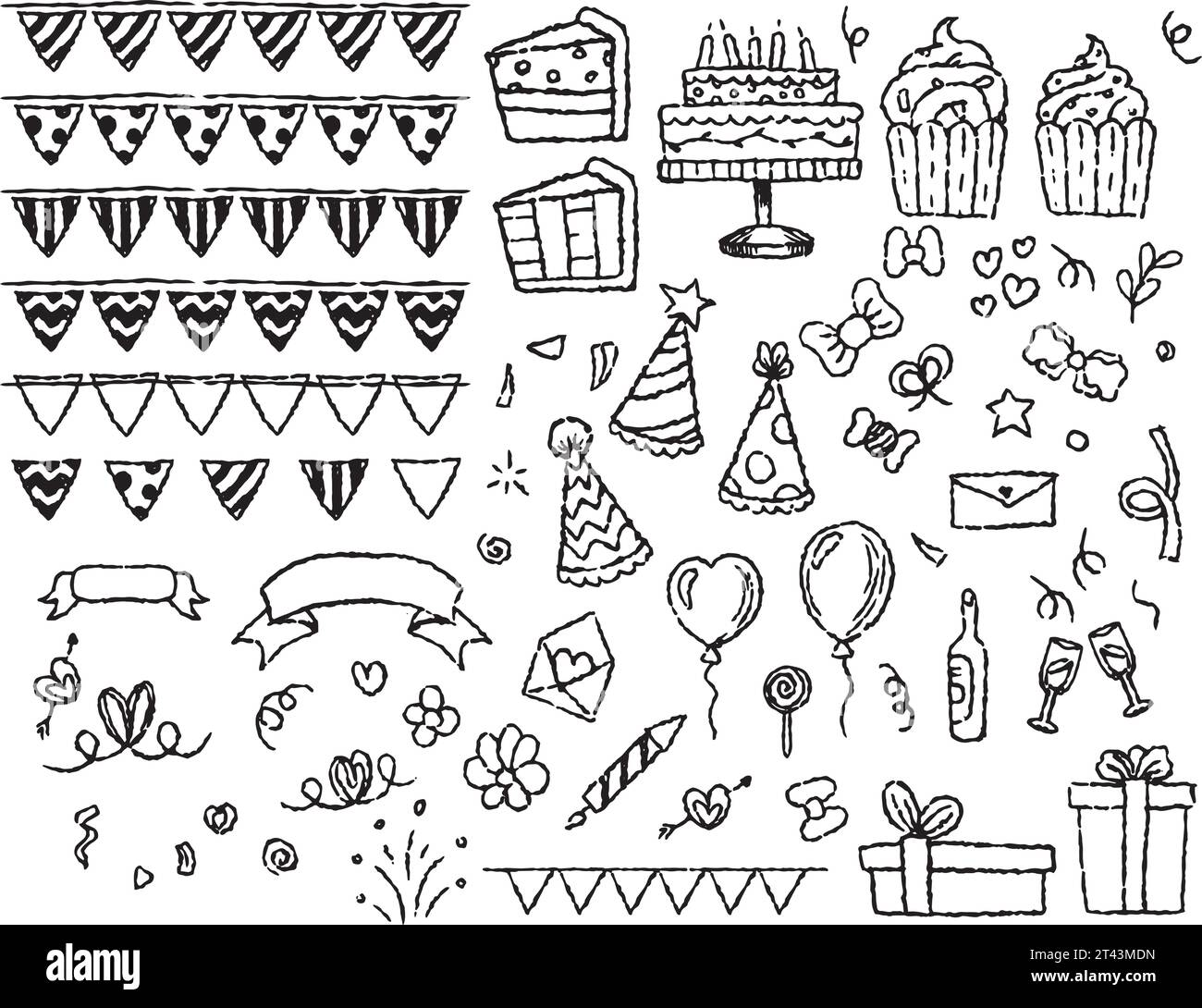 Ein Set mit Zubehör für Geburtstage und Feiertage, Linie auf transparentem Hintergrund, handgezeichnet. Torte, Cupcake, festlicher Hut, Süßigkeiten, Bögen, Feuerwerk. Stock Vektor