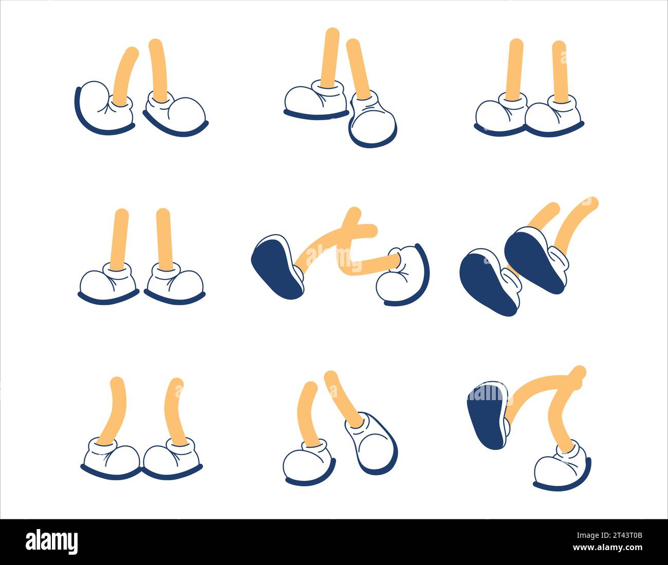 Set Cartoon-Füße in Schuhen. Retor-Stil. Vektorsatz. Isolierte Schuhe, Schrittbewegungen. Stock Vektor