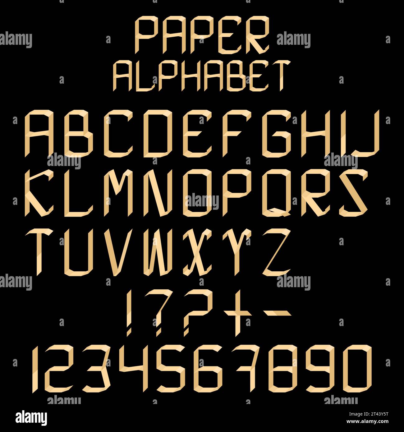 3D-Papieralphabet im Origami-Stil. Aus Papierstreifen gefaltete Buchstaben und Zahlen auf schwarzem Hintergrund. Vektorabbildung. Schriftdesign. Stock Vektor