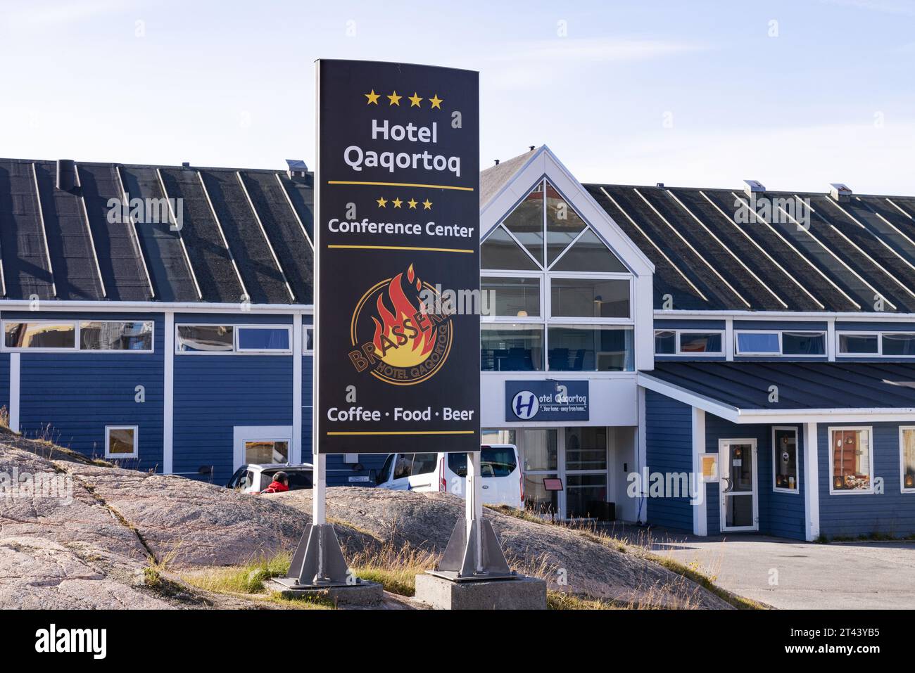 Grönland Hotel und Tourismus; das moderne Hotel Qaqortoq Äußere, Qaqortoq, Südgrönland Arktis. Stockfoto