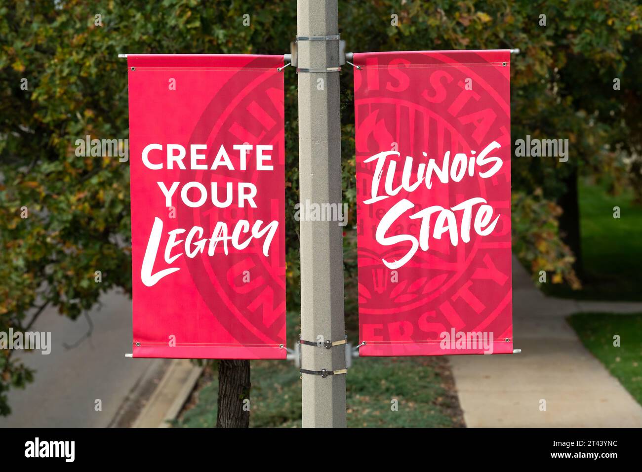 NORMAL, IL, USA - 18. OKTOBER 2023: Schulflagge auf dem Campus der Illinois State University. Stockfoto