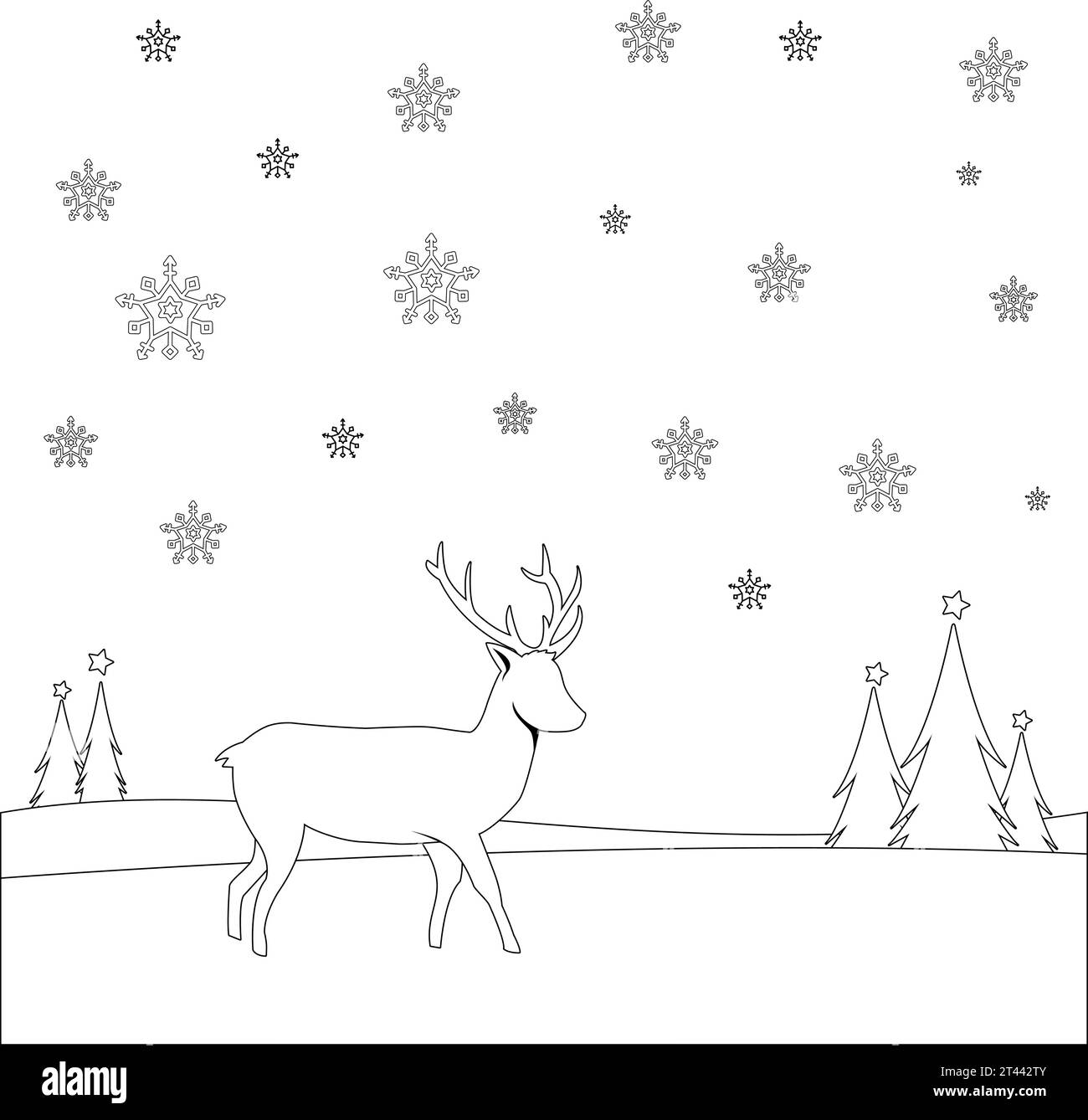 Weihnachtlicher Hintergrund mit einem Hirsch im Schnee. Vektor-Schwarzweiß-Farbseite. Stock Vektor