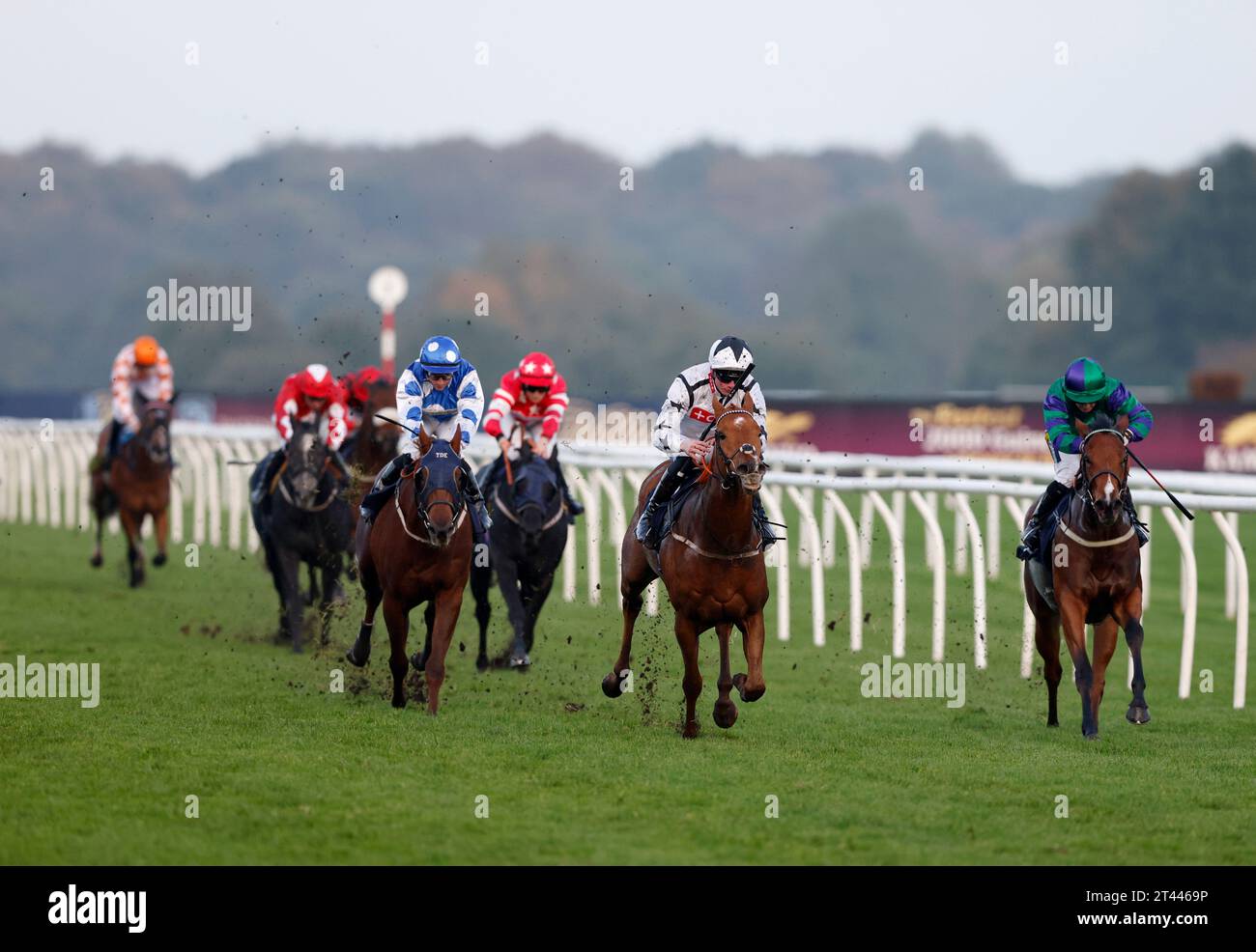 Blickt zurück mit einem Lächeln (zweite rechts), das Jockey Brandon