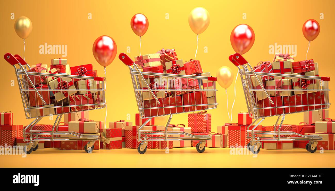 Warenkorb voller Geschenkboxen mit Bändern und Schleifen auf rotem Hintergrund. Neujahr- und Weihnachtseinkaufkonzept. 3D-Abbildung Stockfoto