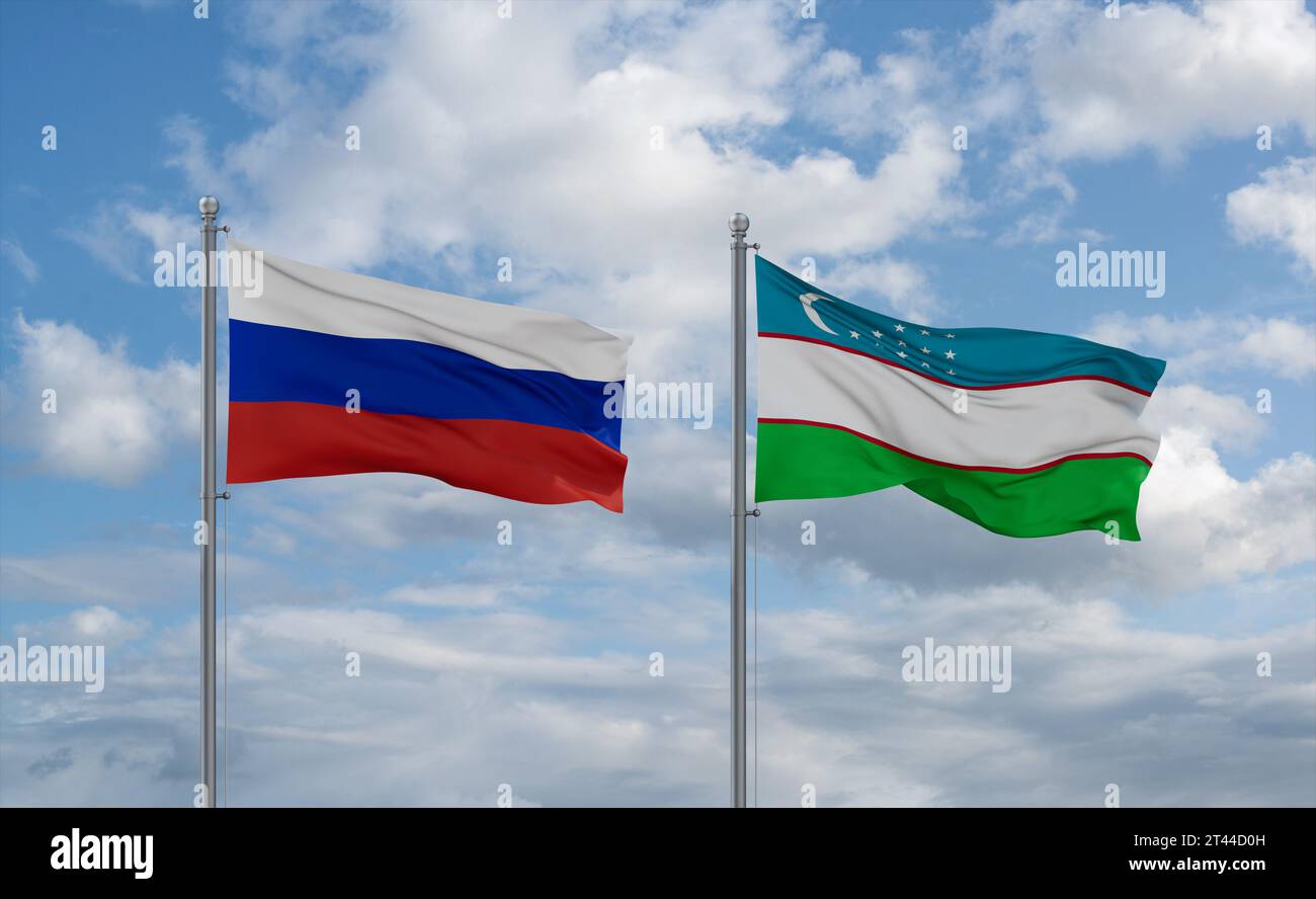 Russland und Usbekistan Flaggen. 3D-Design mit wehenden Fahnen