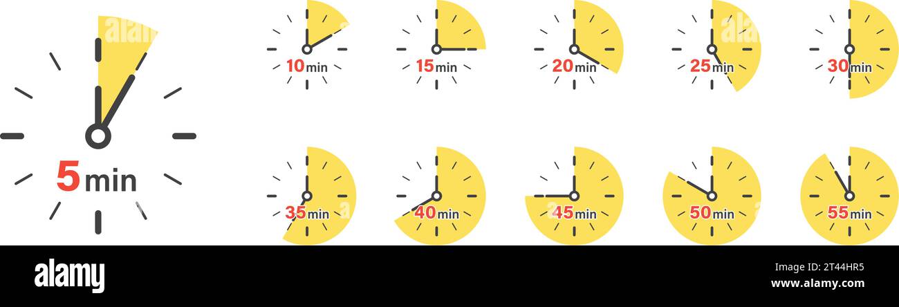 Zwischen 5 Minuten und 55 Minuten auf dem Stoppuhrsymbol in flacher Form. Illustration des Zeitschalters auf isoliertem Hintergrund. Countdown-Zeichen für geschäftliche Probleme Stock Vektor