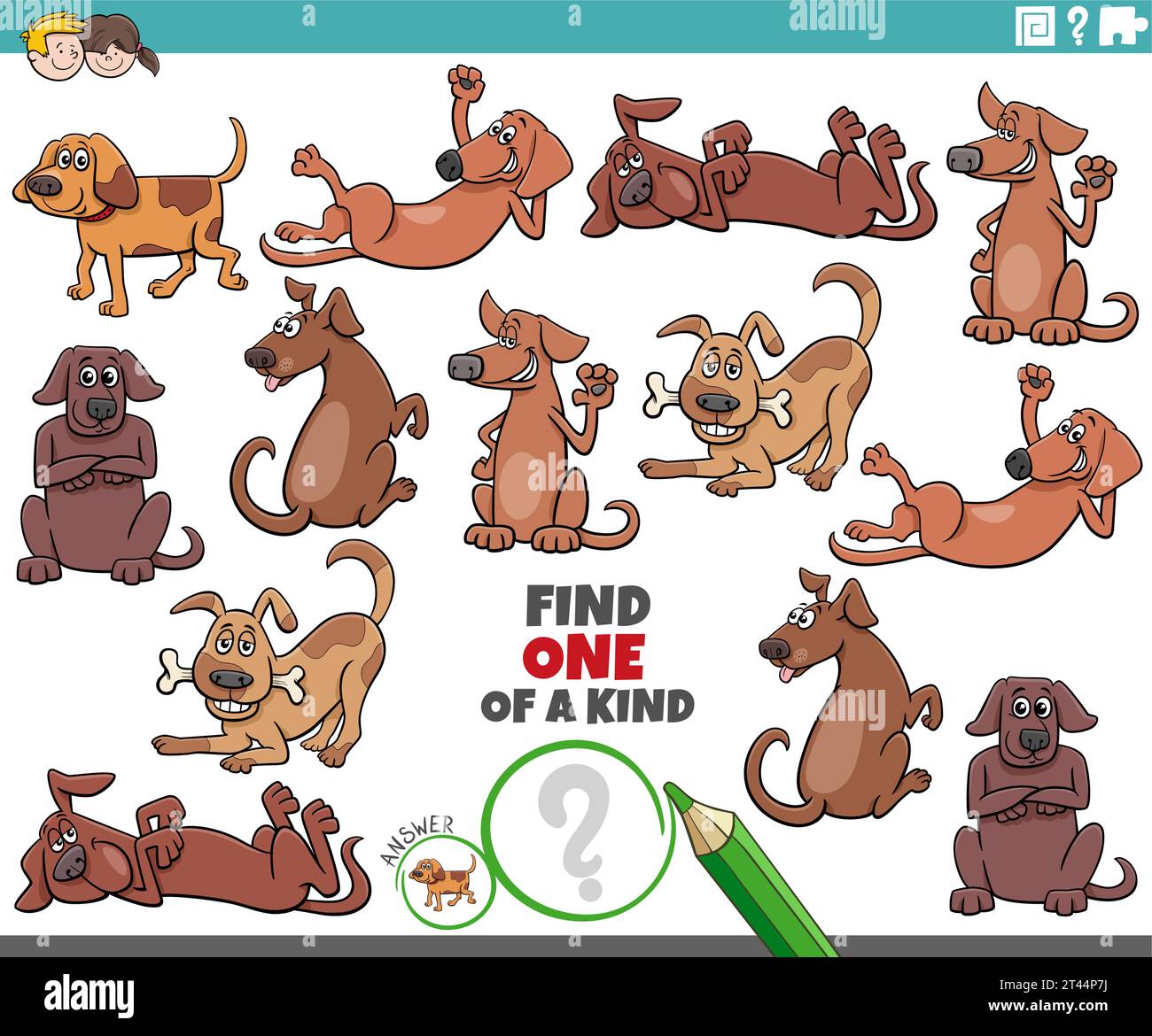 Cartoon-Illustration der Suche nach einer Art Bild pädagogische Aktivität mit Comic-Hunde Tierfiguren Stock Vektor