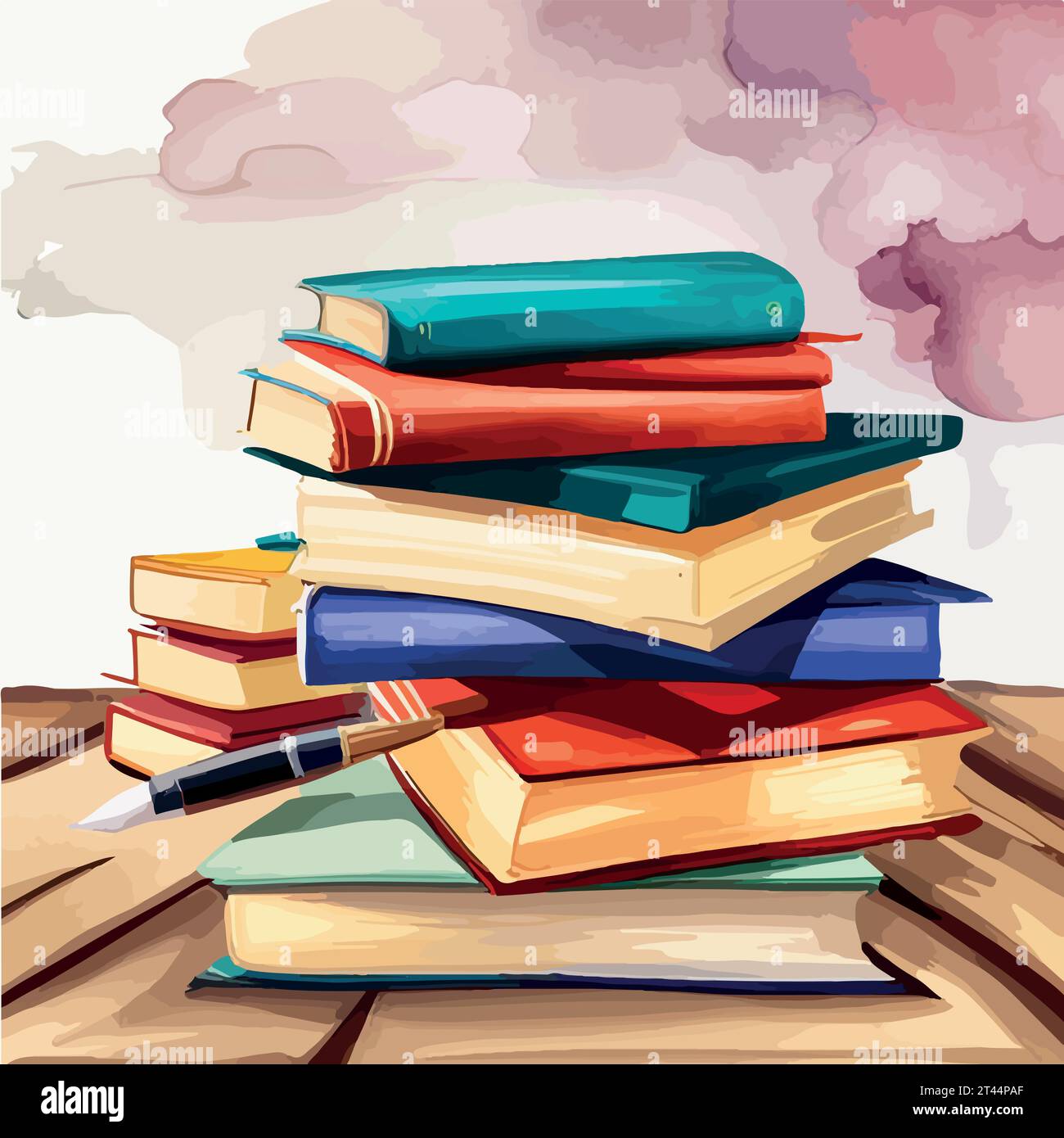 Zurück zur Schule stapeln sich High-Books auf weißem Hintergrund. Handgefertigte Skizze. Postkarte zum Drucken. Aquarellvektor-Illustration. Stock Vektor