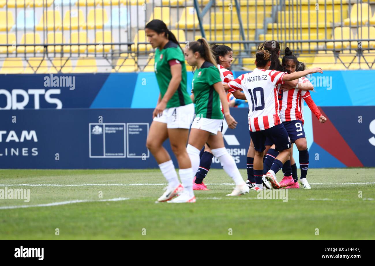 28. Oktober 2023, Wine of the Sea, Chile, USA: Vina del Mar (CHL), 28/2023 - FOOTBALL/WOMEN/MEXICO/PARAGUAY - Spiel der mexikanischen Nationalmannschaft gegen Paraguay im Frauenfußball in der Gruppe A im Sausalito-Stadion in Vina del Mar, diesen Samstag, 28. Oktober 2023. Mexiko gewann mit dem Ergebnis von 4x1. (Kreditbild: © Leco Viana/TheNEWS2 via ZUMA Press Wire) NUR REDAKTIONELLE VERWENDUNG! Nicht für kommerzielle ZWECKE! Stockfoto