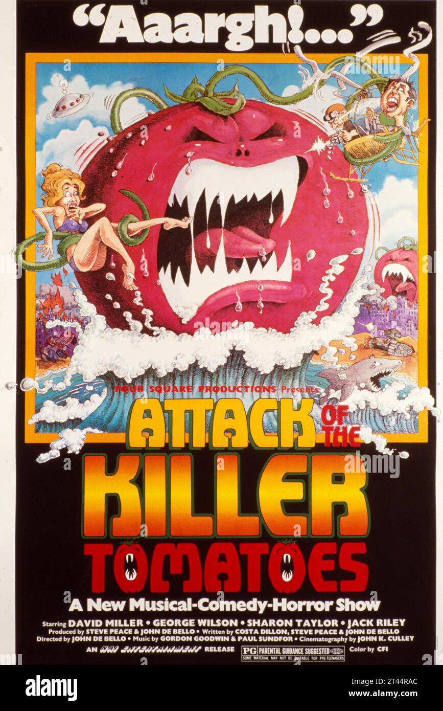 Filmplakat für den Angriff der Mörder-Tomaten, eine B-Kinovortäuschung. Regie: John DeBello. 1978. Stockfoto