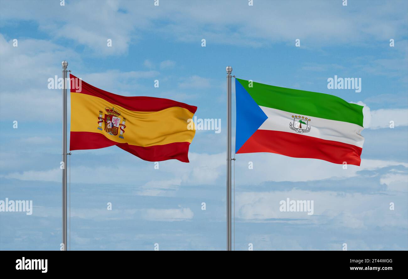Flaggen von Äquatorialguinea und Spanien schwenken zusammen auf blauem bewölktem Himmel, zwei Länder-Beziehungskonzept Stockfoto