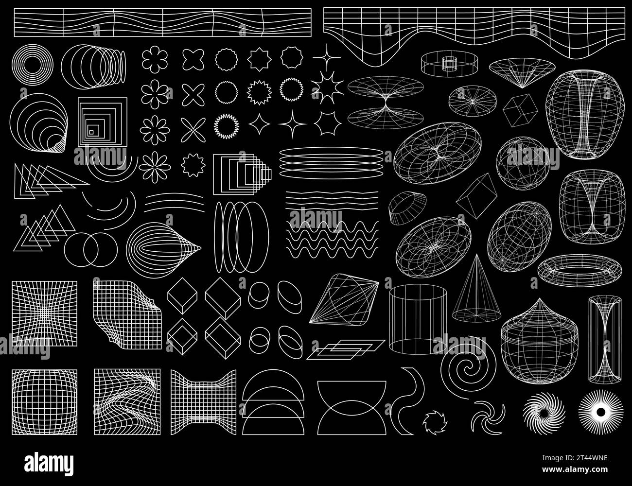 Geometrische Drahtmodellformen. Abstrakte Hintergründe, Muster, Cyberpunk-Elemente in einem modischen psychedelischen Rave-Stil. Retro-futuristische Ästhetik von Stock Vektor