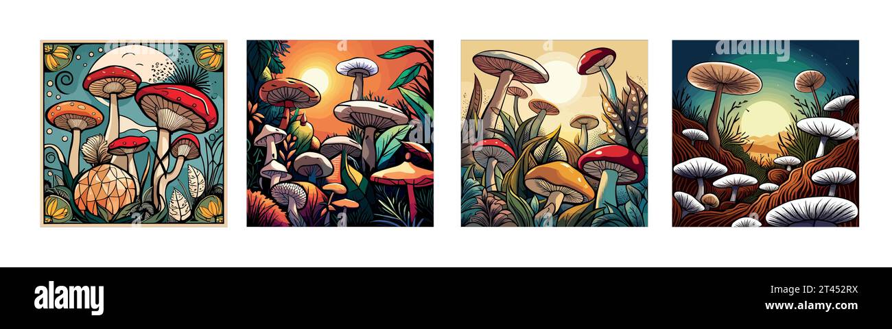 Bannerset Nahtloses Muster mit essbaren, giftigen, unessbaren Pilzen. Handgezeichnete Cartoon-Pilze. Verschiedene Pilze auf farbigem Hintergrund. vektordarstellung. Stock Vektor