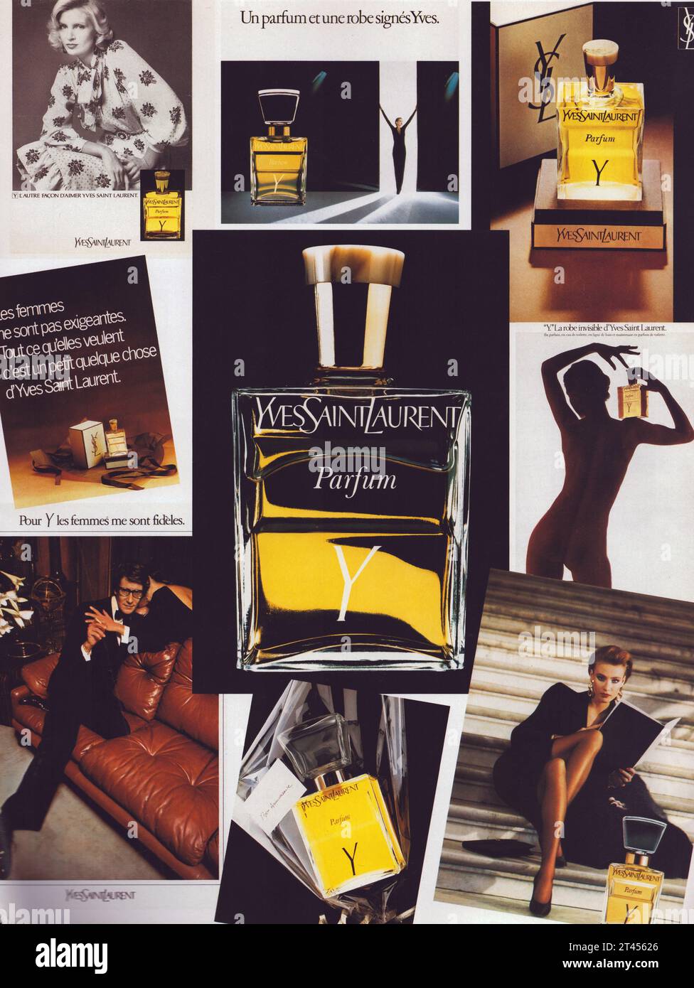 Vintage Yves Saint Laurent Papierwerbung Yves Saint Laurent Parfümflasche YSL Werbeplakat Stockfoto