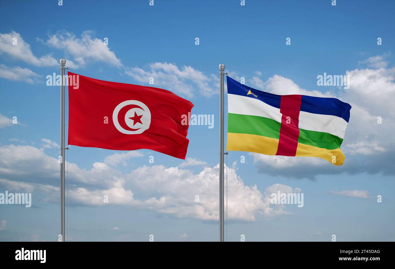 Die Flaggen der Zentralafrikanischen Republik und Tunesiens schwenken zusammen im Wind auf blauem bewölktem Himmel, zwei Länder-Beziehungskonzept Stockfoto