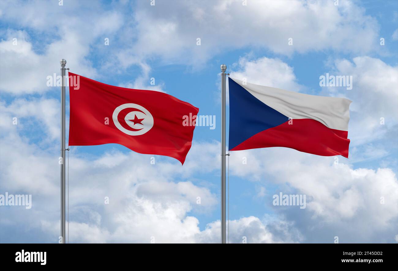 Die Flagge der Tschechischen Republik und Tunesiens schwenkt zusammen auf blauem bewölktem Himmel, zwei Länder-Beziehungskonzept Stockfoto